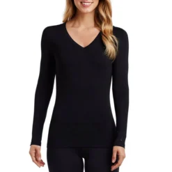 Cuddl Duds Women's Softwear With Stretch V-Neck Long-Sleeve Baselayer Top -Outlet Cladique Store CD8926116 001 BLACK 1