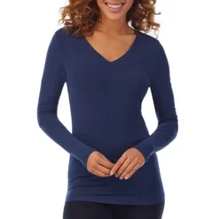 Cuddl Duds Women's Softwear With Stretch V-Neck Long-Sleeve Baselayer Top -Outlet Cladique Store CD8926116 435 DRESS BLUE 1