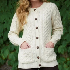 Aran Crafts Women's Curragh Traditional Irish Buttoned Knitted Lumber Cardigan Sweater
